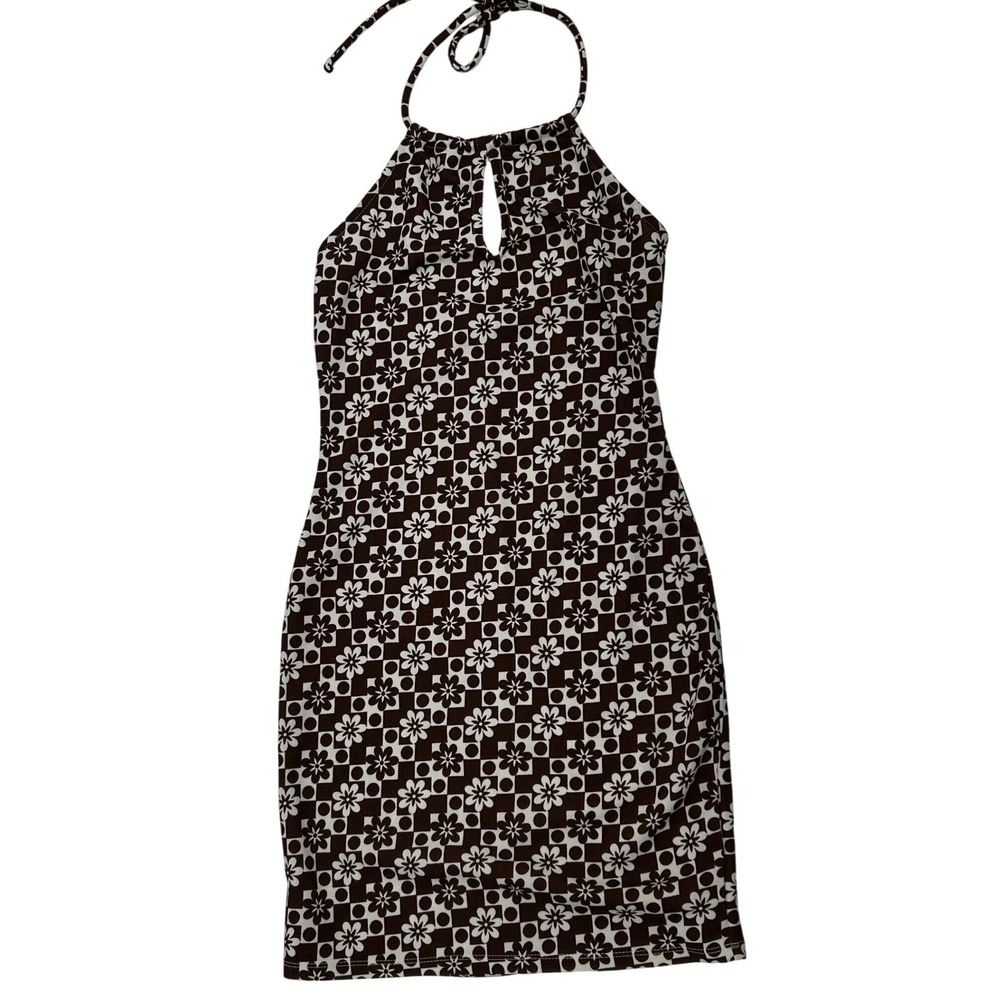 Rue21 Brown White Floral Checker Print Halter Mini Dress Bodycon Y2K‎ Retro S